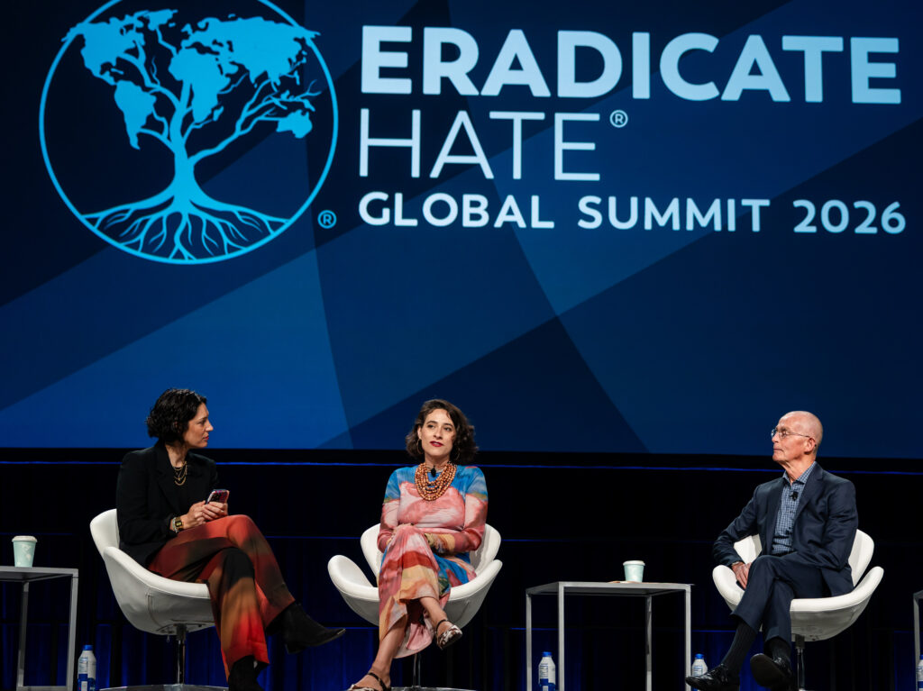 Panelists participate in discussion on main stage during Eradicate Hate Global Summit 2026.